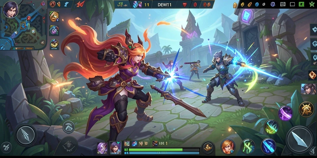 Screenshot gameplay DEWI11 menampilkan aksi seru dalam pertarungan MOBA.