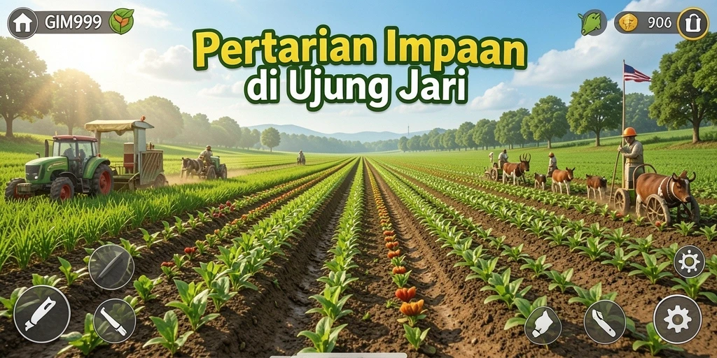 Gameplay GIM999 menampilkan suasana pertanian yang ceria dan interaktif.