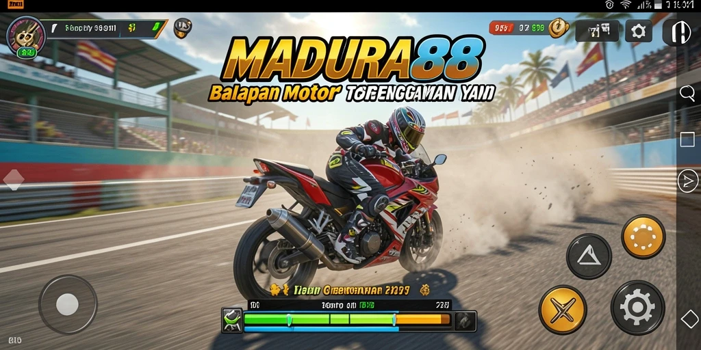 Tampilan gameplay balapan motor yang mendebarkan di MADURA88.