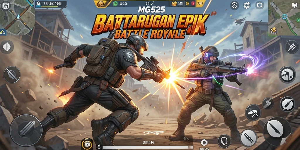 Screenshot gameplay MG525 menampilkan aksi pertarungan intens di arena Battle Royale.