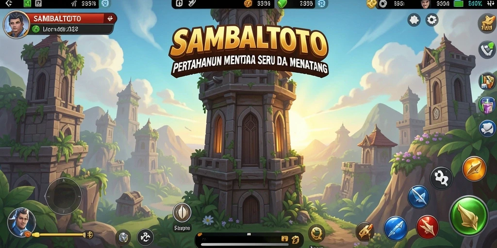 Tampilan gameplay menegangkan dari SAMBALTOTO yang menampilkan menara dan musuh.